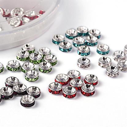 1 Box Mixed Brass Rhinestone Rondelle Spacer Beads, Grade A, Silver Color Plated, 6x3mm, Hole: 1mm, about 120pcs/box