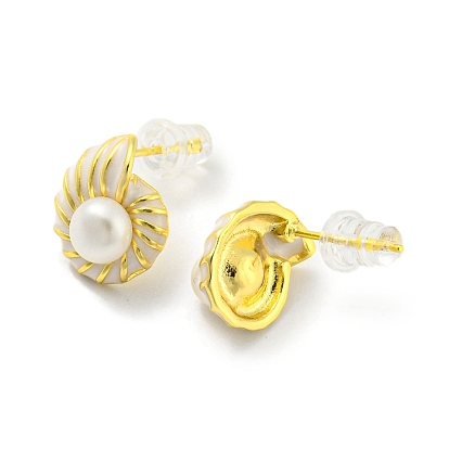 Brass Conch Stud Earrings with Natural Pearl, with 925 Sterling Silver Pins