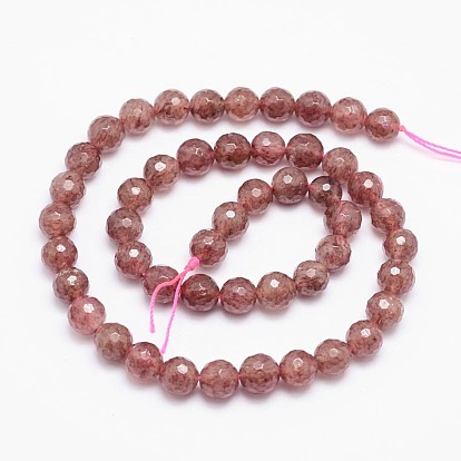 Faceted(128 Facets) Natural Strawberry Quartz Round Bead Strands, Grade AB