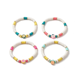 4Pcs 4 Style Handmade Polymer Clay Heishi Stretch Bracelets Set, Lemon & Pineapple & Apple Fruit Bracelets for Women