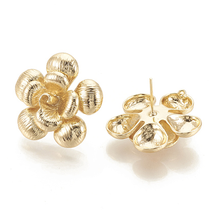 Brass Stud Earrings Findings, Flower, Nickel Free, Real 18K Gold Plated