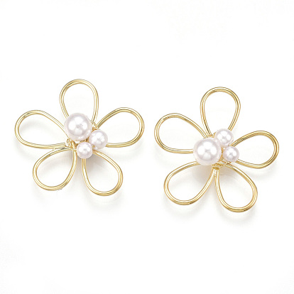 Perles de fil de laiton, réel 18 k plaqué or, avec abs en plastique imitation perle, fleur, blanc crème