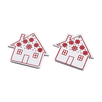 Christmas Spray Painted Wood Big Pendants, with Single-Sided Printed, House Charm with Snowflake Pattern