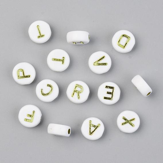Placage sous vide perles acryliques opaques, trou horizontal, plat rond avec la lettre initiale, blanc et jaune
