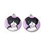 Printed Alloy Pendants, Platinum, Flat Round with Cat Charm