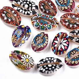 Printed Natural Cowrie Shell Beads, No Hole/Undrilled, with Flower Pattern