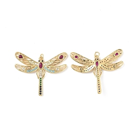 Brass Micro Pave Colorful Cubic Zirconia Pendants, with Jump Ring and Glass, Dragonfly Charm