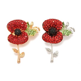 Alloy Brooches, with Rhinestone, Remembrance Poppy Flower Badge