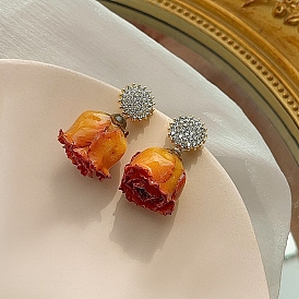 3D Flower Rhinestone Dangle Stud Earrings, with 925 Sterling Silver Earring Pins