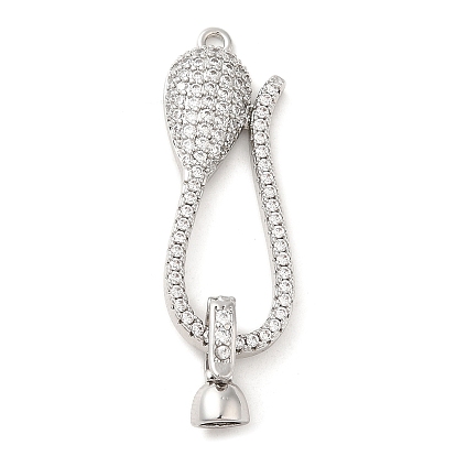 Rack Plating Brass Micro Pave Clear Cubic Zirconia Fold Over Clover Clasps, Long-Lasting Plated, Snake