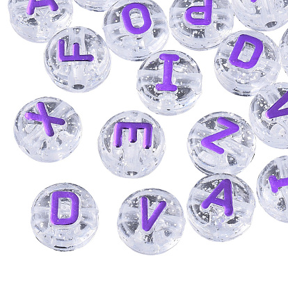 Plating Transparent Acrylic Beads, with Glitter Powder, Metal Enlaced, Flat Round with Letter