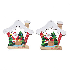 Большие подвески из дерева с односторонним принтом на рождественскую тематику, дом с дедом морозом