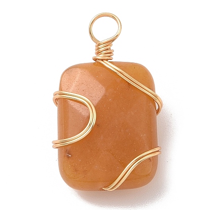 Natural Mixed Stone Rectangle Pendants, with Golden Copper Wire Wrapped Findings,, Long-Lasting Plated