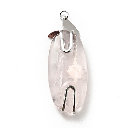 Natural Rose Quartz Pendants, Oval Charm, with Stainless Steel Color Tone Sun & Butterfly 304 Stainless Steel Findings