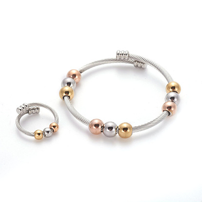304 ensembles de bijoux avec bracelets dynamométriques et bagues en acier inoxydable, avec des billes rondes