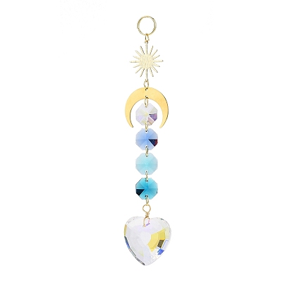 Galvanoplastie verre cœur & fenêtre en forme de larme attrape-soleil suspendus, soleil et lune en laiton doré et perles octogonales en verre pendentifs décorations ornements