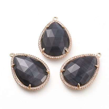 Faceted Cat Eye Pendants, with Brass Open Back Settings and Micro Pave Clear Cubic Zirconia, Teardrop