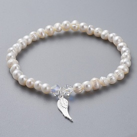 Natural Freshwater Pearl Beads Stretch Bracelets, with 925 Sterling Silver Charms, Austrian Crystal Beads and Cardboard Boxes, Wing