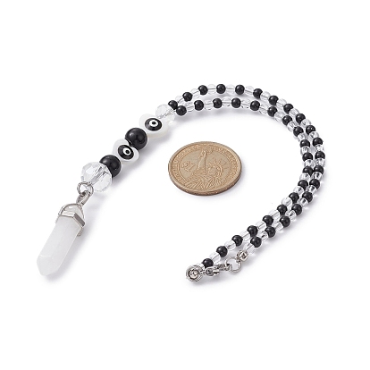 Décorations pendantes en perles de verre et pierre synthétique noire, Avec breloques pointues en cristal de quartz naturel pour décoration suspendue de voiture