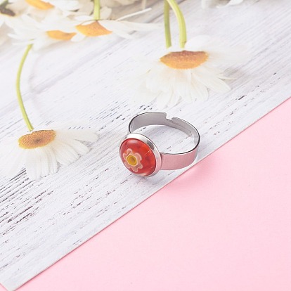 Adjustable Handmade Millefiori Glass Finger Rings, with 304 Stainless Steel Findings, Flower
