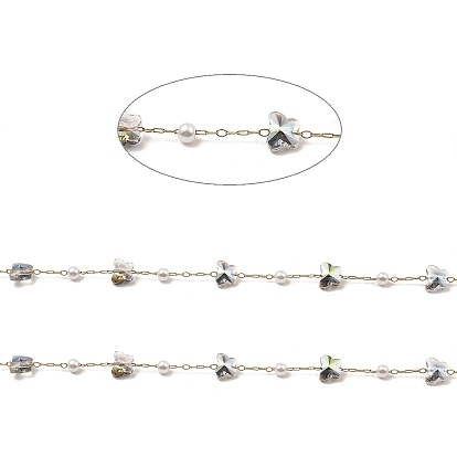 Cadenas de eslabones con cuentas de perlas de plástico ABS y vidrio de mariposa, con cadenas de clip de acero inoxidable 304 doradas, soldada, con carrete