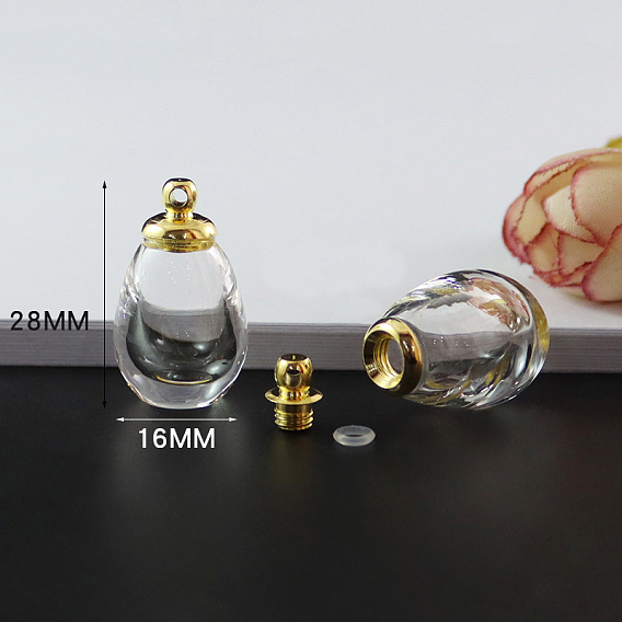 Pendentifs de bouteille de parfum ouvrable en verre transparent, avec les accessoires en laiton, larme