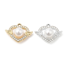 UV Plating Alloy Rhinestone Pendants, with ABS Plastic Imitation Pearl, Cadmium Free & Lead Free, Heart with Wing Charms