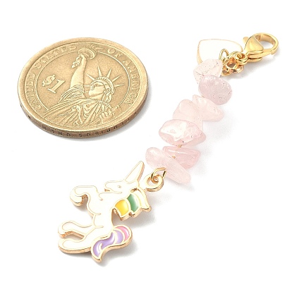 Alloy Enamel Unicorn & Heart Pendant Decorations, Natural Rose Quartz Chips and 304 Stainless Steel Lobster Claw Clasps Charms