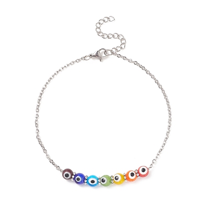 Multi-Colored Handmade Evil Eye Lampwork Anklets, with 304 Stainless Steel Cable Chains