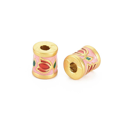 Rack Plating Alloy Enamel Beads, Long-Lasting Plated, Matte Style, Cadmium Free & Nickel Free & Lead Free, Column with Flower