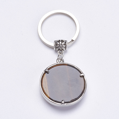 Gemstone Keychain, with Brass Finding, Flat Round with Sun & Moon