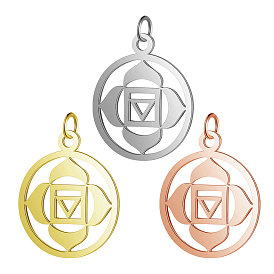 304 Stainless Steel Pendants, Chakra, Muladhara, Flat Round with Flower