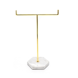 T-Shaped Alloy Jewelry Rack, with Marble Pedestal, Necklace Earrings Display Storage Stand