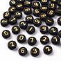 Opaque Black Acrylic Beads, Metal Enlaced, Flat Round with Golden Number