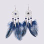 Alloy Dangle Earrings, with Brass Earring Hooks, Natural Apatite Round Beads and Chicken Feather Costume, Woven Net/Web with Feather