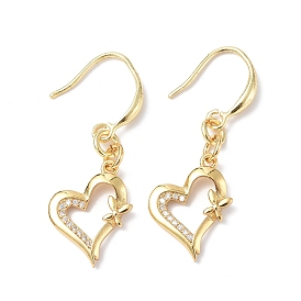Clear Cubic Zirconia Heart with Butterfly Dangle Earrings, Rack Plating Brass Jewelry for Valentine's Day