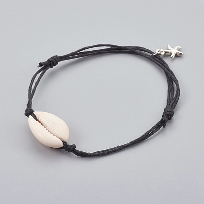 Adjustable Cowrie Shell Anklets, with Tibetan Style Alloy Starfish/Sea Stars Charms and Chinese Waxed Cotton Cord