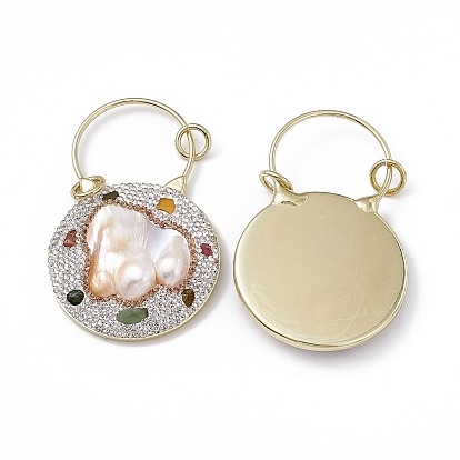 Tourmaline naturelle gros pendentifs, breloques rondes plates en perles naturelles, avec placage à crémaillère en laiton doré, sans cadmium et sans plomb