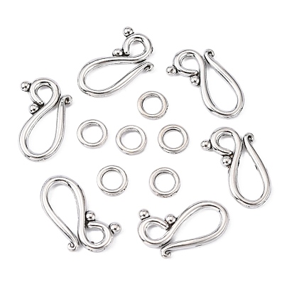 Tibetan Style Hook and Eye Clasps, Lead Free and Cadmium Free, Hook: about 12mm wide, 20.5mm long, Eye: 7.5mm in diameter, hole: 5mm