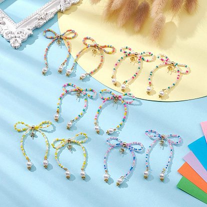 Boucles d'oreilles à nœud papillon en perles de graines, avec perles en plastique abs, Boucles d'oreilles en laiton