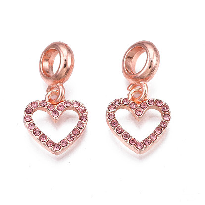 Rack Plating Alloy European Dangle Charms, with Rhinestone, Large Hole Pendants, Cadmium Free & Nickel Free & Lead Free, Rose Gold, Heart