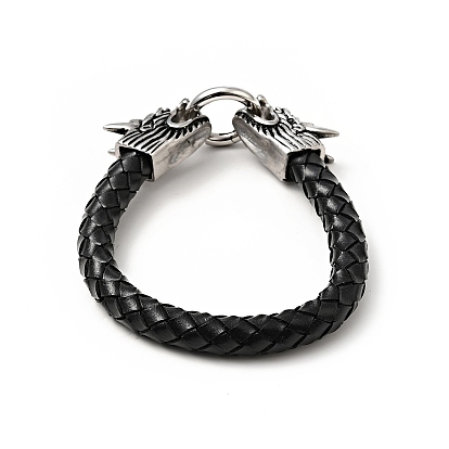 Pulsera de cordón redondo trenzado de cuero, 304 pulsera gótica con cierre de cabeza de dragón de acero inoxidable para hombres y mujeres