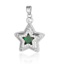 Brass Micro Pave Green Cubic Zirconia Pendants, Star Charms