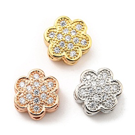 Rack Plating Brass Micro Pave Cubic Zirconia Multi-Strand Links, Long-Lasting Plated, Lead Free & Cadmium Free, Flower