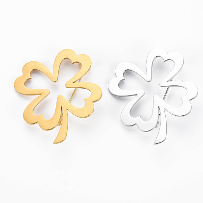 Open Clover Brooch, 201 Stainless Steel Leaf Lapel Pin for Backpack Clothes, Nickel Free & Lead Free