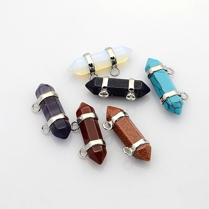 Gemstone Hexagon Double Terminated Pointed Pendants, with Platinum Plated Brass Findings, 14x29~35x10mm, Hole: 3mm