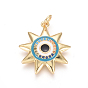 Golden Plated Brass Micro Pave Cubic Zirconia Pendants, with Enamel and Jump Rings, Sun with Evil Eye