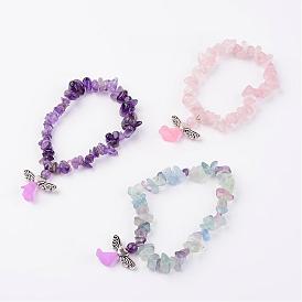 Natural Gemstone Stretch Bracelets, with Alloy Beads, Lovely Wedding Dress Angel Dangle, Antique Silver