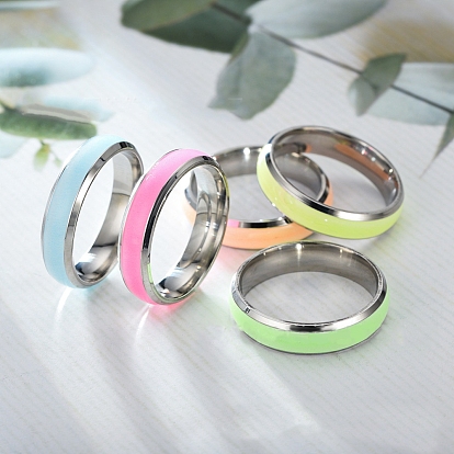 Lumineux 304 anneau plat uni en acier inoxydable, bijoux phosphorescents pour hommes femmes