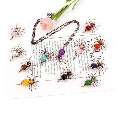 Colliers à pendentif araignée en pierres précieuses naturelles et synthétiques mélangées, avec des chaînes en laiton cuivré rouge